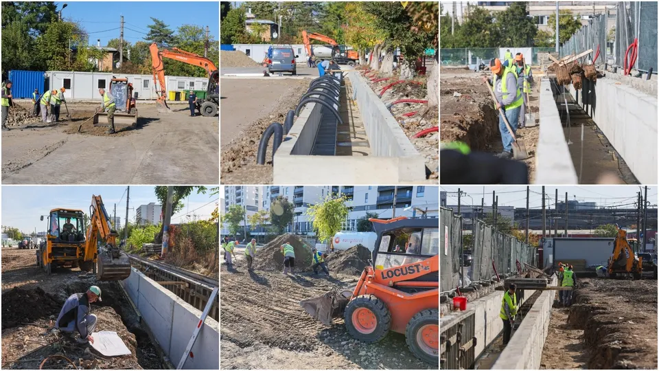 O serie de fotografii prezintă lucrări de construcții cu utilaje excavatoare, tractoare și muncitori pe șantiere cu șanțuri și elemente de beton.