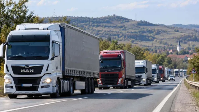 Mai multe camioane de marfă circulă pe o autostradă lângă un deal împădurit sub un cer senin.