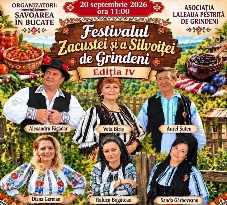 Șase persoane purtând haine populare sunt așezate în fața unui peisaj rural, alături de boluri cu mâncare și un borcan de conservă.