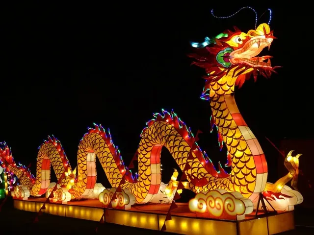 Un dragon colorat și iluminat este expus pe o platformă lungă sub un cer negru.