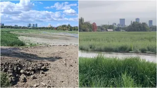 Două fotografii prezintă un peisaj cu vegetație verde, zone de pământ întins și un plan de apă sub un cer cu nori.