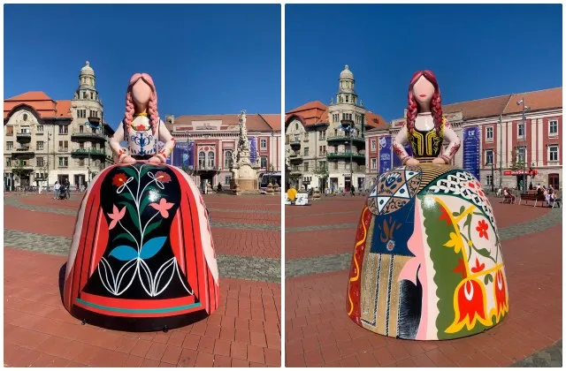 Două fotografii de tip diptich prezintă sculpturi mari în formă de femei cu fuste decorate cu modele florale colorate, amplasate pe o piață publică.