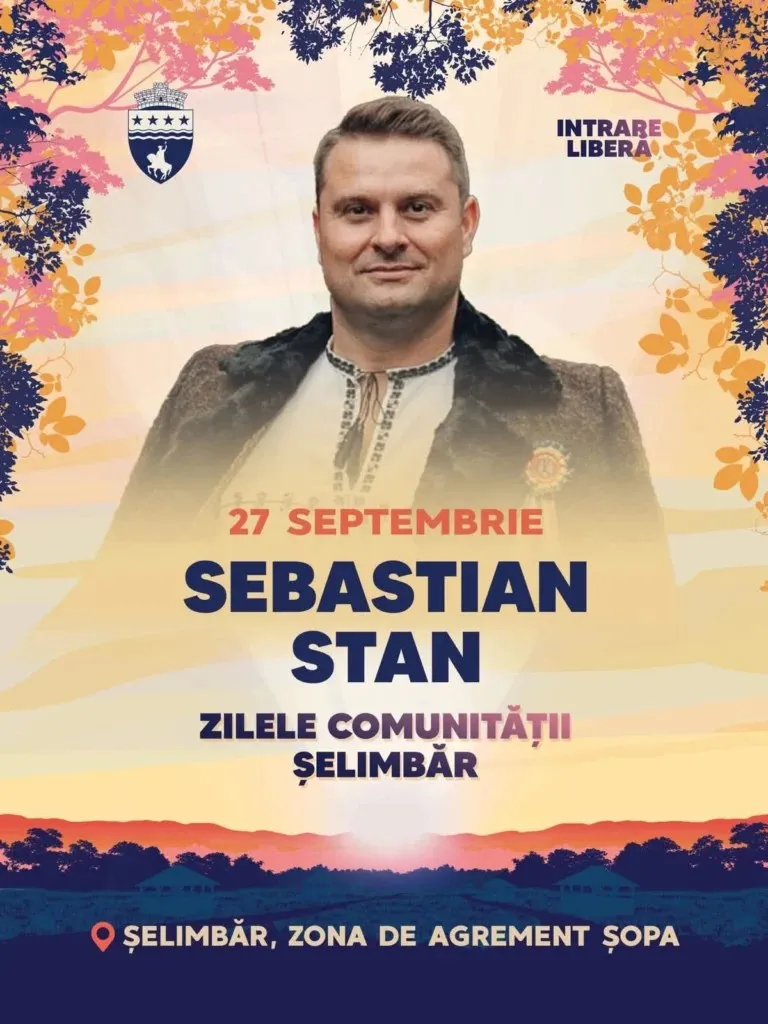 Un bărbat cu părul scurt și haine tradiționale este prezentat pe un fundal cu elemente grafice de frunze și text colorat.