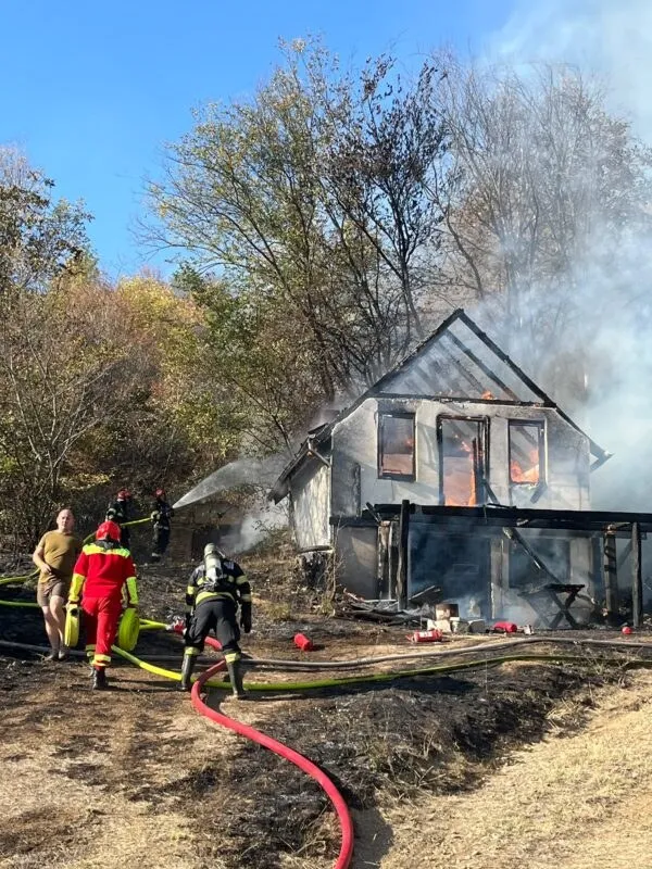 Pompieri în echipament de protecție folosesc furtunuri pentru a stinge un incendiu la o clădire de lemn din lemn aflată lângă vegetație.
