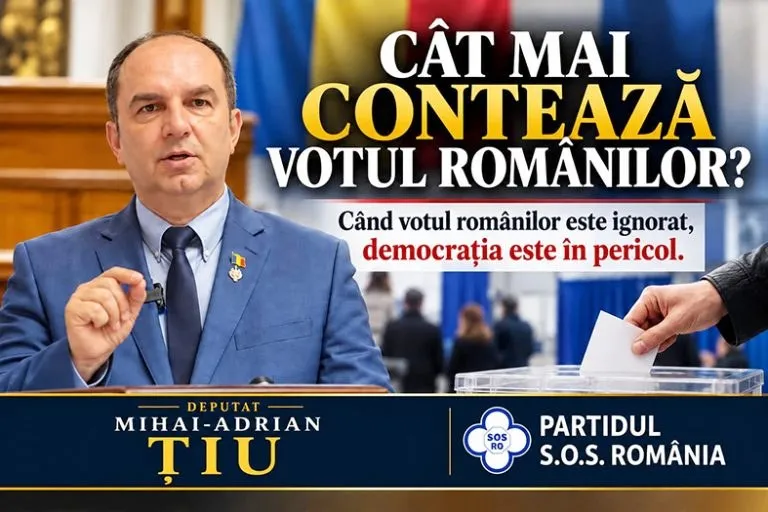 Un bărbat într-un costum albastru și cravată stă în spatele unui pupitru, în timp ce un text mare și un logo apar pe fundal.