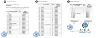 Trei pagini de documente tiparite conțin tabele cu liste de nume, numere de ordine și note aferente unor candidați.