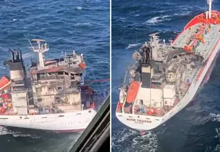 Două fotografii de sus arată două nave comerciale de culoare albă navigând pe un ocean cu valuri mici.