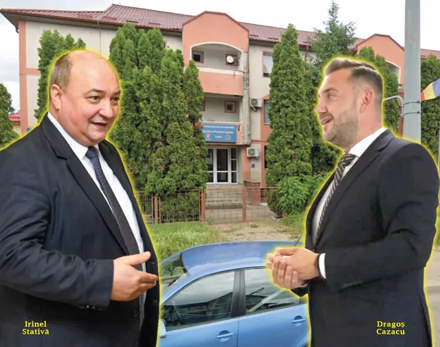 Un bărbat cu costum închis și cravată stă în fața unui vehicul albastru, privind spre un alt bărbat îmbrăcat într-un costum negru.