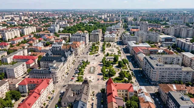 O vedere aeriană a unui oraș cu diverse clădiri rezidențiale, străzi cu mașini parcate și zone verzi cu copaci.