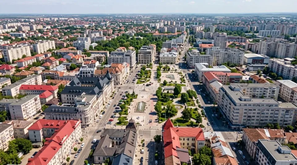O vedere aeriană a unui oraș cu diverse clădiri rezidențiale, străzi cu mașini parcate și zone verzi cu copaci.