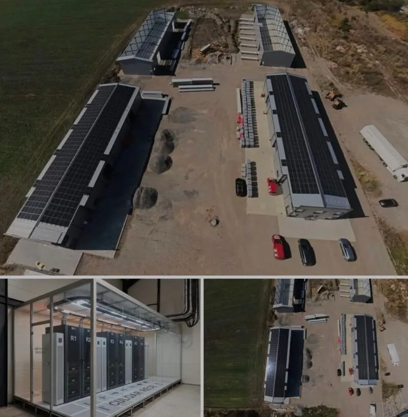 Imagine compusă formată dintr-o vedere aeriană a unor clădiri industriale cu panouri solare pe acoperiș și o vedere interioară cu rack-uri de servere într-o încăpere.