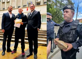 Un colaj format din doi bărbați în costume și un bărbat chel în costum negru pe stânga, iar pe dreapta un agent în uniformă cu beretă.