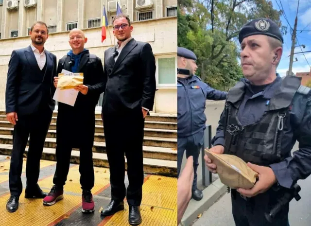 Un colaj format din doi bărbați în costume și un bărbat chel în costum negru pe stânga, iar pe dreapta un agent în uniformă cu beretă.