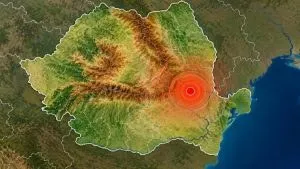 O hartă topografică a României prezintă o zonă circulară roșie concentrică situată în partea de est a țării.
