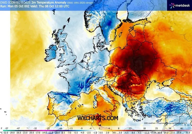 O hartă meteorologică a Europei prezintă anomalii de temperatură prin utilizarea unor culori de la albastru la maro închis pe un fundal geografic.