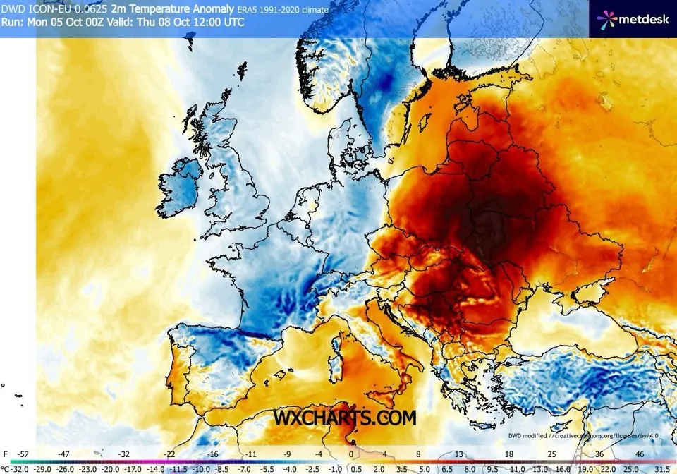 O hartă meteorologică a Europei prezintă anomalii de temperatură prin utilizarea unor culori de la albastru la maro închis pe un fundal geografic.
