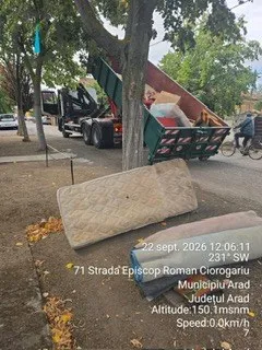 Un camion cu o remorcă verde încărcată cu obiecte diverse este parcat pe o stradă lângă un copac, lângă un saltea pe trotuar.