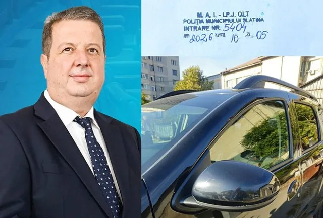 O imagine compusă prezintă portretul unui bărbat în costum și cravată lângă o fotografie cu o mașină neagră și un document cu ștampilă.