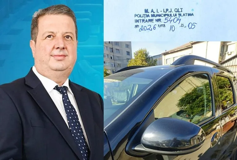 O imagine compusă prezintă portretul unui bărbat în costum și cravată lângă o fotografie cu o mașină neagră și un document cu ștampilă.