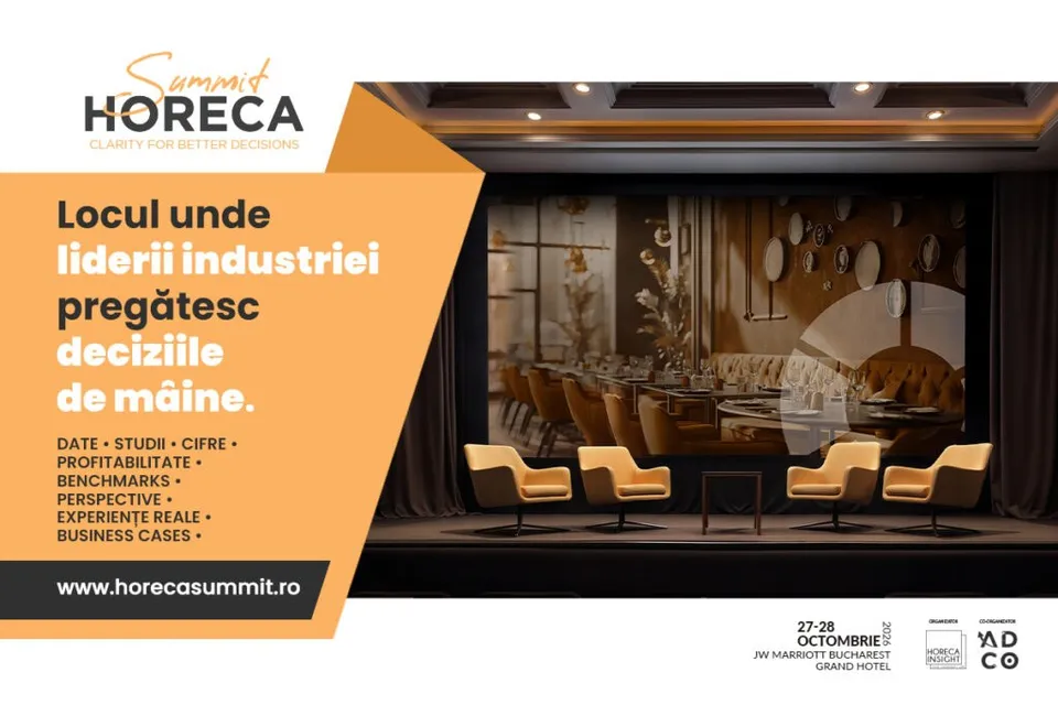 Un afiș publicitar cu text portocaliu și negru pe un fundal care prezintă o scenă de conferință cu scaune galbene și o imagine de restaurant.