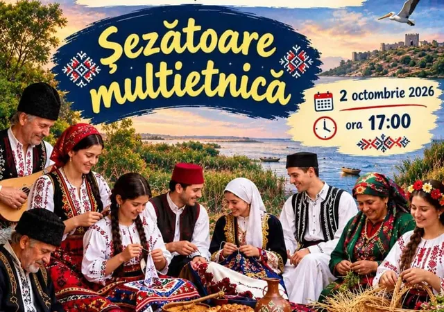 Un grup de persoane îmbrăcate în costume populare stă așezat în exterior, lucrând la obiecte textile și artizanale lângă un corp de apă.