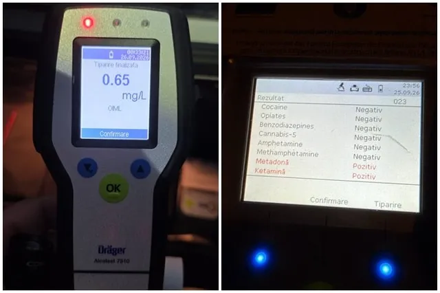 Două ecrane digitale afișează rezultate ale unor teste, unul indicând o valoare de 0,65 mg/L și celălalt o listă de substanțe cu rezultate negative sau pozitive.