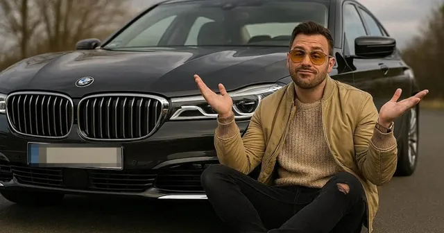 Un bărbat cu ochelari de soare stă așezat în fața unui autoturism negru cu mâinile ridicate în lateral.