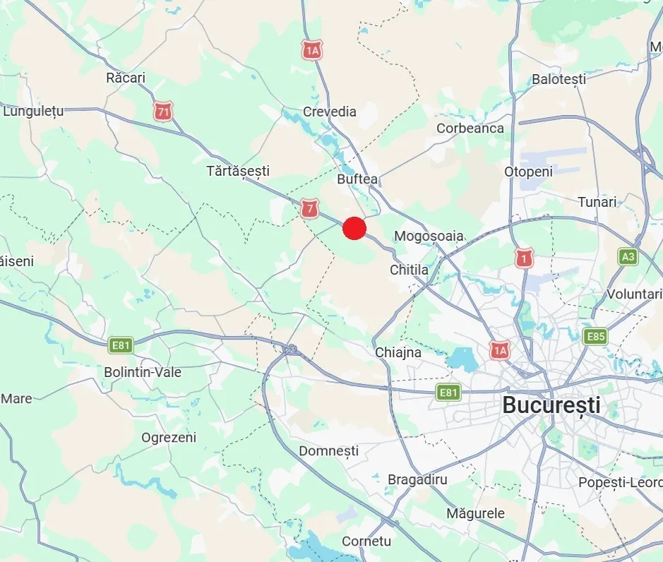 Harta unei zone geografice cu nume de localități, drumuri și linii de transport marcate pe un fundal de culori verzi și albe.