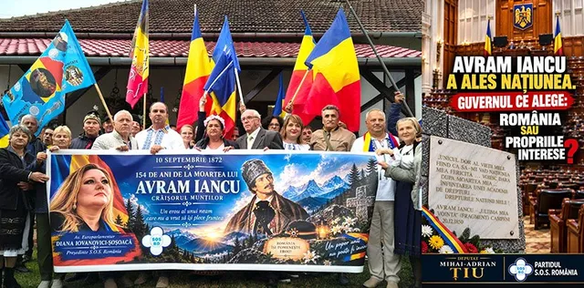 Un grup de persoane stă în fața unui panou mare și a unei plăci comemorative, înconjurate de mai multe steaguri colorate.