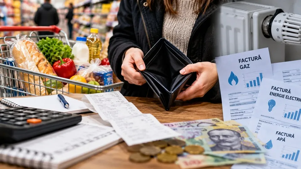 O persoană ține un portofel gol deasupra unui birou cu un calculator, facturi, monede, bancnote și un carnețel de note.
