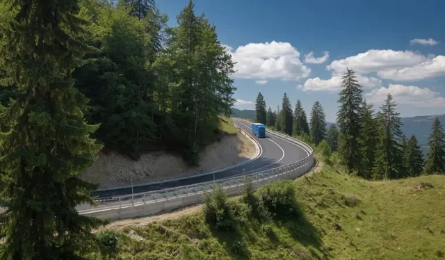 Un camion albastru circulă pe un drum asfaltat cu marcaje albe, care traversează o zonă montană cu copaci și iarbă sub un cer înnorat.