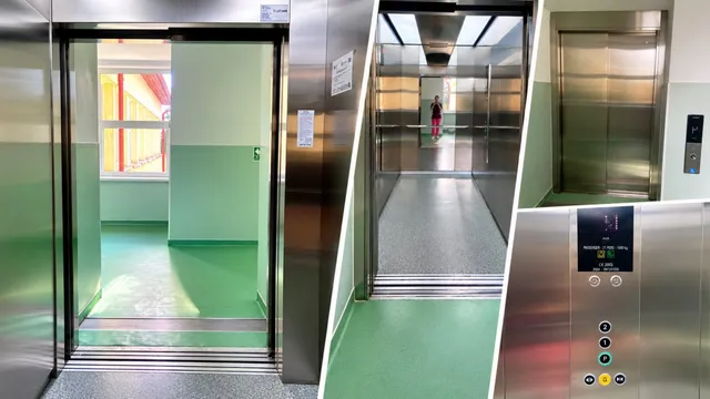 Un colaj prezintă o intrare de ascensor deschisă, interiorul cabinei cu o persoană și panoul de control metalic al unui ascensor.