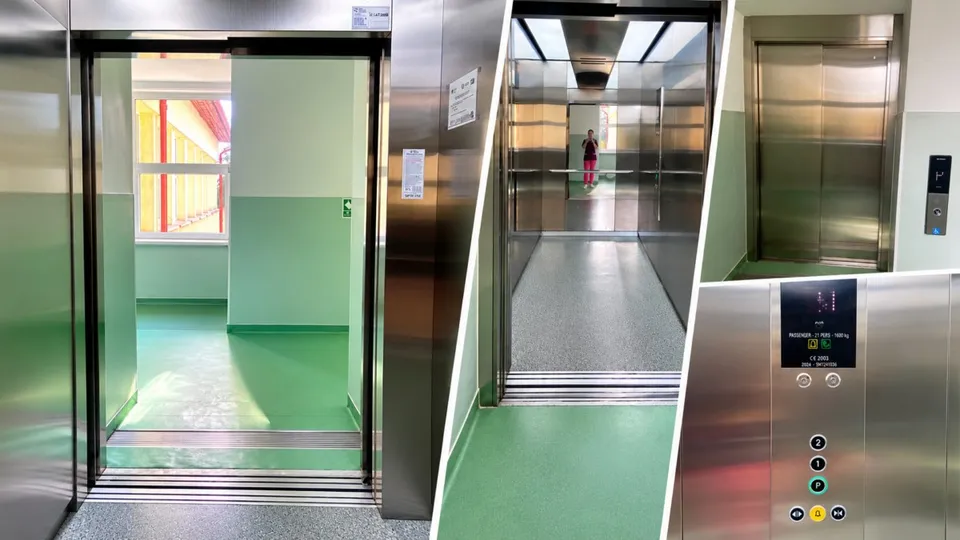 Un colaj prezintă o intrare de ascensor deschisă, interiorul cabinei cu o persoană și panoul de control metalic al unui ascensor.