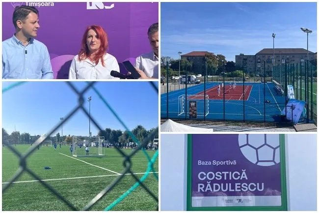 Un colaj format din trei imagini prezentând un grup de persoane, un teren sportiv cu suprafață albastră și un panou informativ cu text.