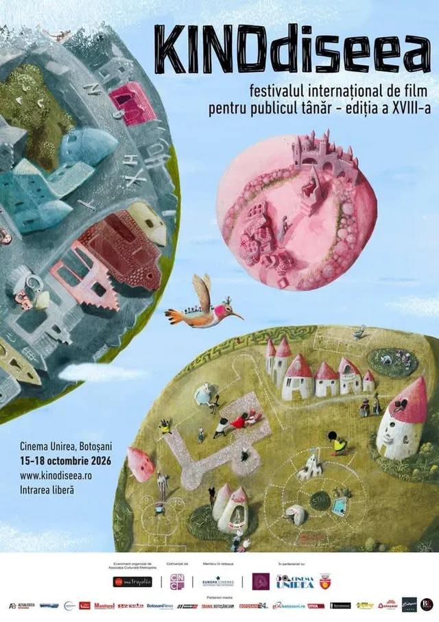 Un afiș cu ilustrații de case colorate, un păろし și o pasăre pe un fundal albastru cu text în partea de sus.