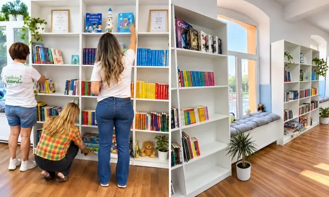 Trei persoane, două femei și un copil, organizează cărți pe rafturi albe într-o încăpere luminoasă cu podea de lemn și ferestre mari.