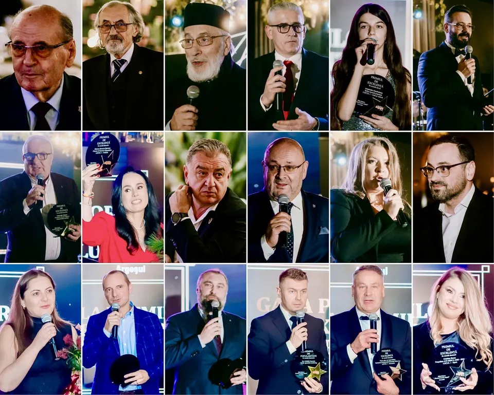 Un colaj format din fotografii individuale cu persoane care țin microfoane sau trofee pe un fundal întunecat.