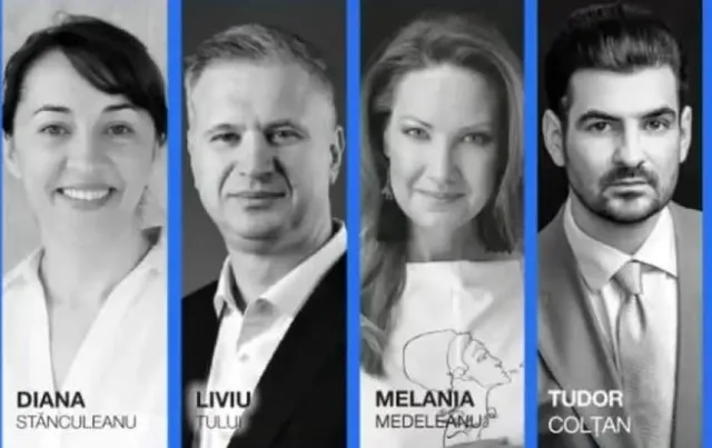 Patru portrete individuale de persoane, în alb-negru, sunt prezentate vertical pe fundal albastru, cu nume scrise sub fiecare față.