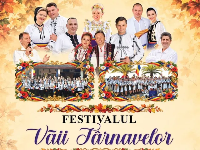 Un grup de oameni în haine populare este dispus în mai multe rânduri pe un fundal cu frunze de toamnă și text colorat.