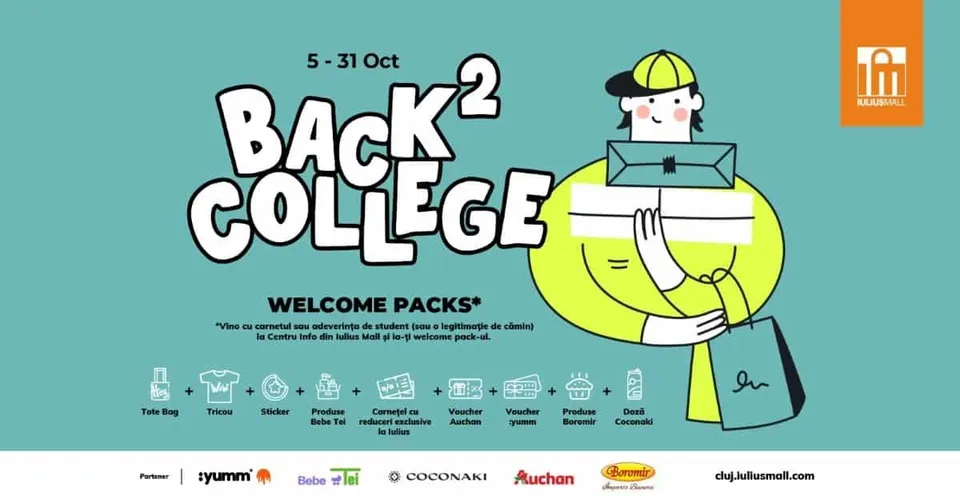 O ilustrație pe fundal turcoaz prezintă un personaj cu șapcă purtând cutii și o sacoșă, alături de textul Back 2 College și diverse pictograme.