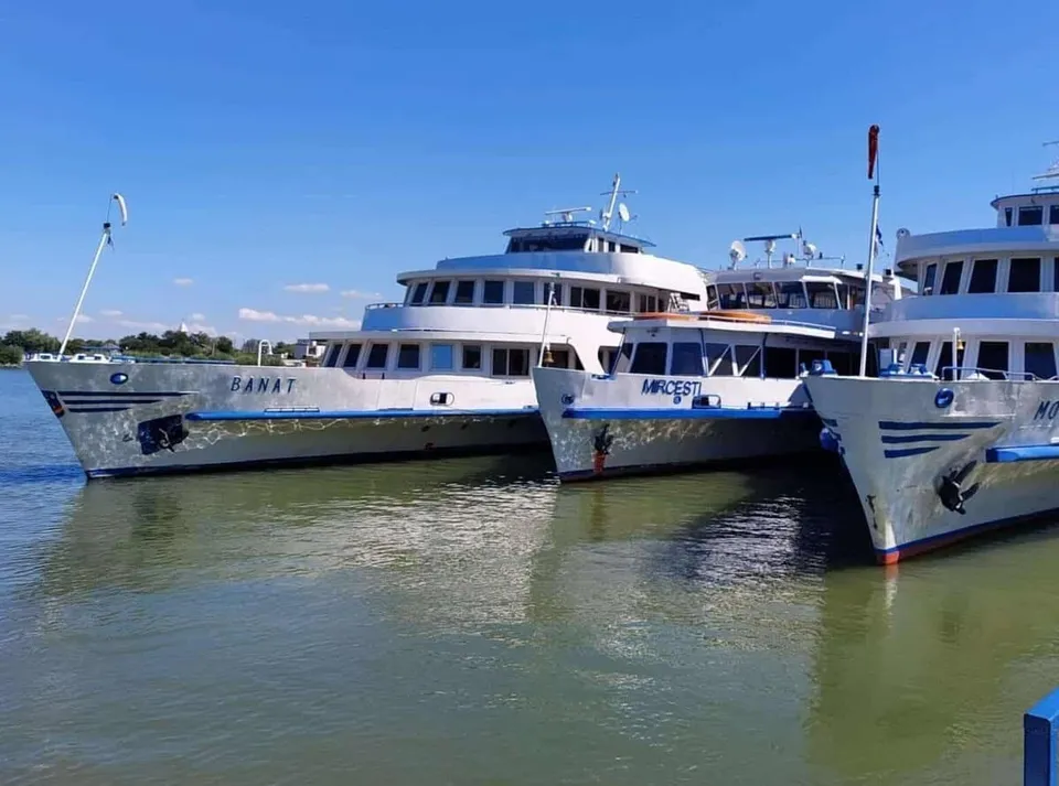 Trei nave albe cu suprastructuri în mai multe niveluri sunt ancorate pe apă sub un cer senin.