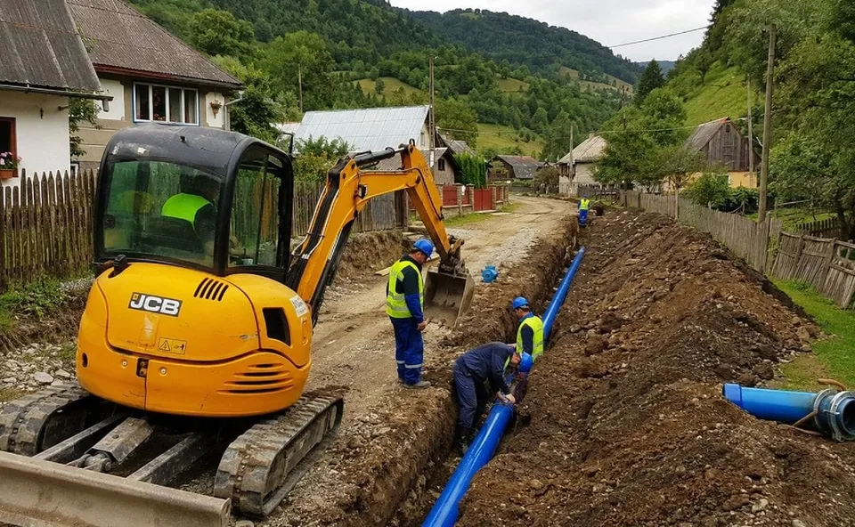 O excavatoare galbenă de mici dimensiuni lucrează lângă un șanț în care sunt așezate țevi de culoare albastră, în prezența unor lucrători.