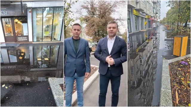 Trei imagini suprapuse arată o fațadă de clădire, doi bărbați în costume stând pe un drum și o stradă cu apă pe trotuar.
