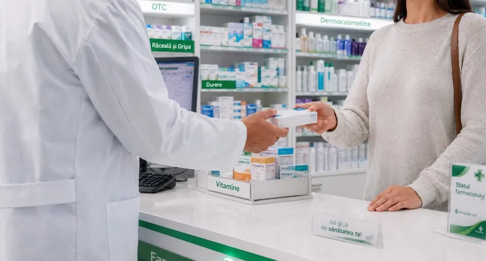 Un farmacist într-un halat alb întinde o cutie mică unui client aflat în fața unui raft cu diverse produse medicamentoase.