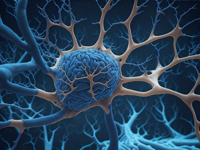 O ilustrație digitală prezintă o structură cerebrală albastră înconjurată de ramificații neuronale de culoare bej pe un fundal închis.