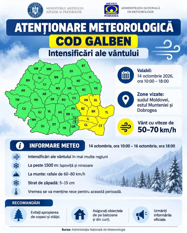 O hartă a unei regiuni împărțită în secțiuni verzi și galbene, prezentând un fundal cu nori și un peisaj montan cu păduri acoperite de zăpadă.