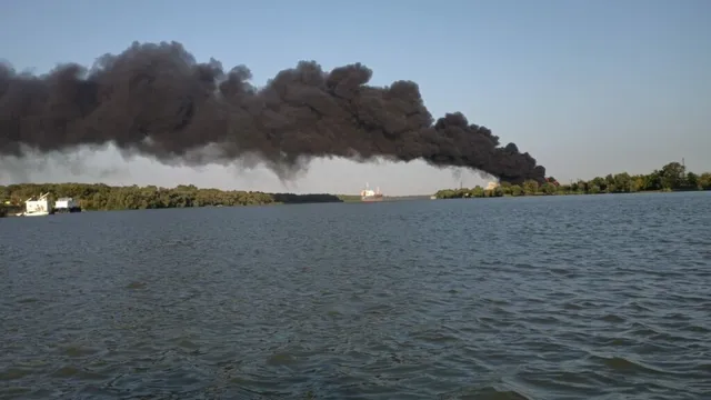 O imagine largă cu un fluviu sau lac în prim plan, cu un nor dens de fum negru care se ridică de pe țărmul din fundal, într-un peisaj cu arbori.