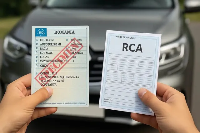 Două mâini țin un certificat de înmatriculare românesc și o poliță de asigurare RCA în fața unui autoturism gri.