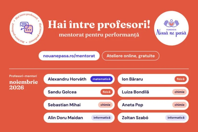 Un afiș pe fundal portocaliu conține text, elemente grafice circulare și liste cu nume de persoane alături de disciplinele lor.
