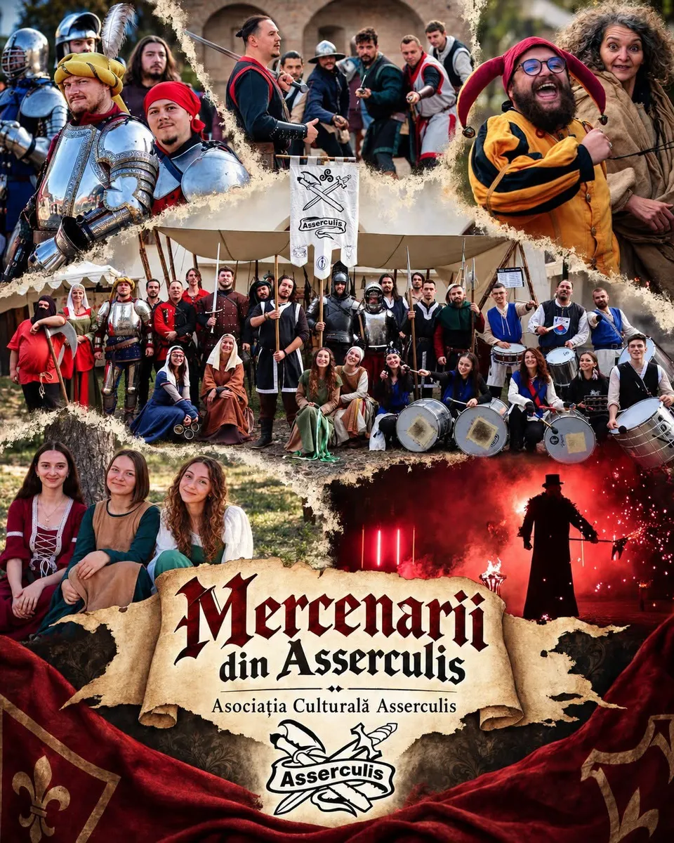 Un grup de oameni îmbrăcați în costume istorice stau în fața unui cort, în timp ce un afiș cu un personaj în roșu ocupă prim-planul.